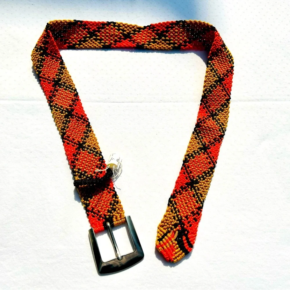 Macrame Belt Orange Black Metal Buckle Handcrafted